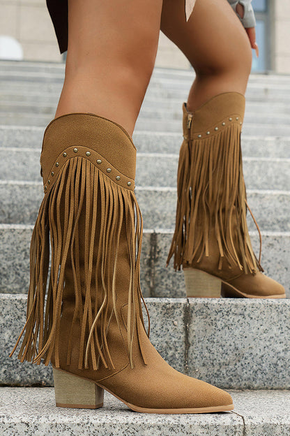 Brown Leopard Wide Calf Chunky Heel Cowgirl Boots with Fringes