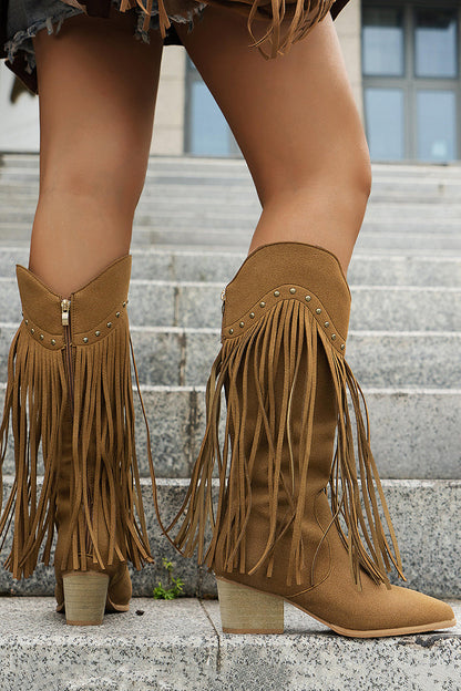 Brown Leopard Wide Calf Chunky Heel Cowgirl Boots with Fringes