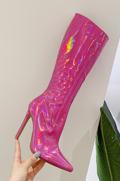 Sparkly Hot Pink Pointed Toe Stiletto High Heel Knee High Boots