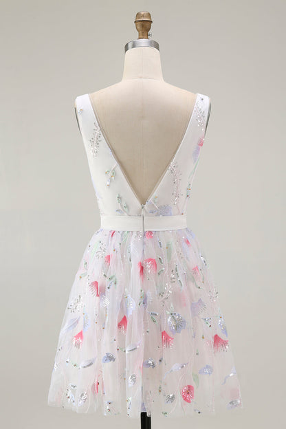 Sparkly Floral White V-Neck Backless A Line Sequin Homecoming Dress