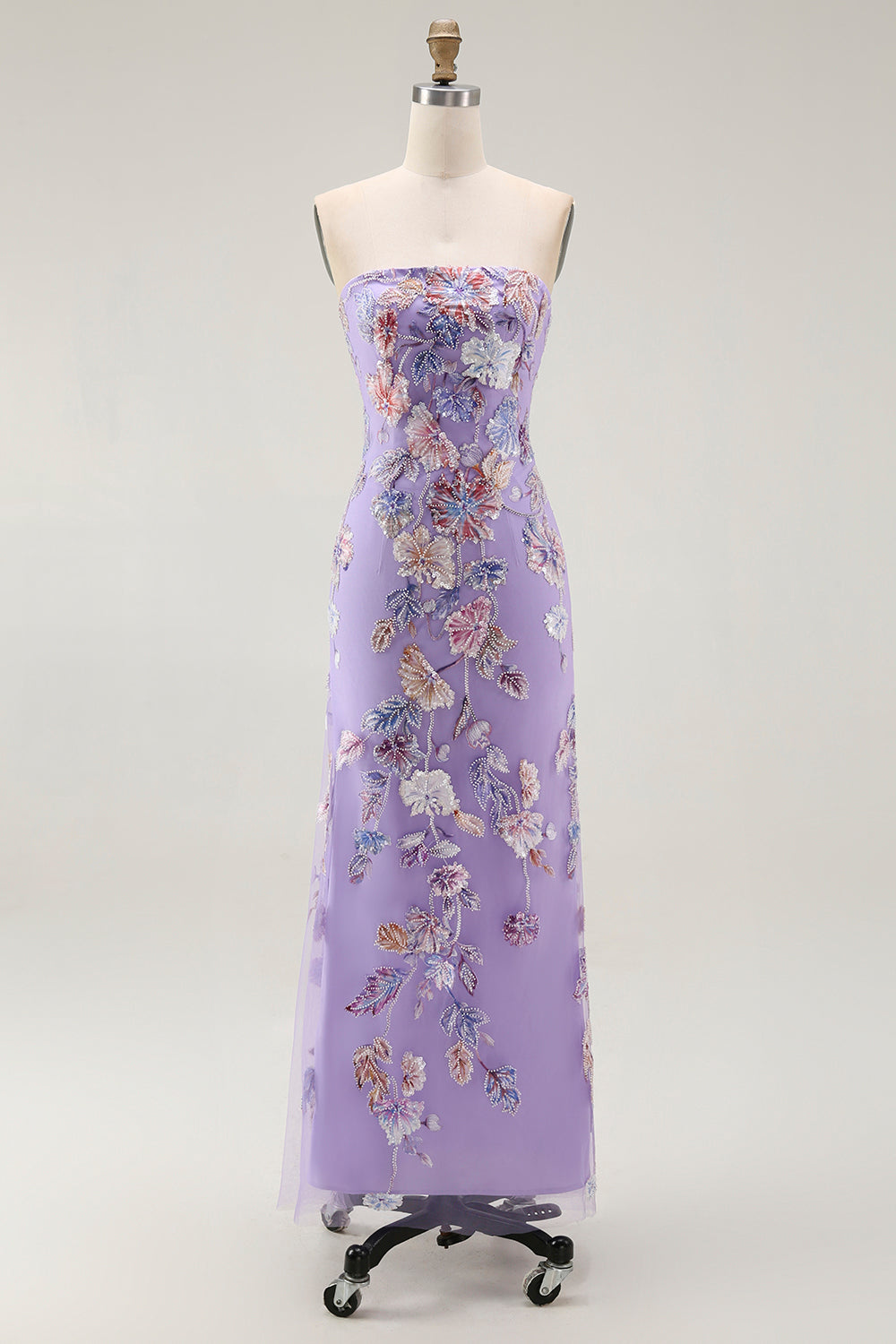 Strapless Purple Floral Sheath Prom Dress with Beading
