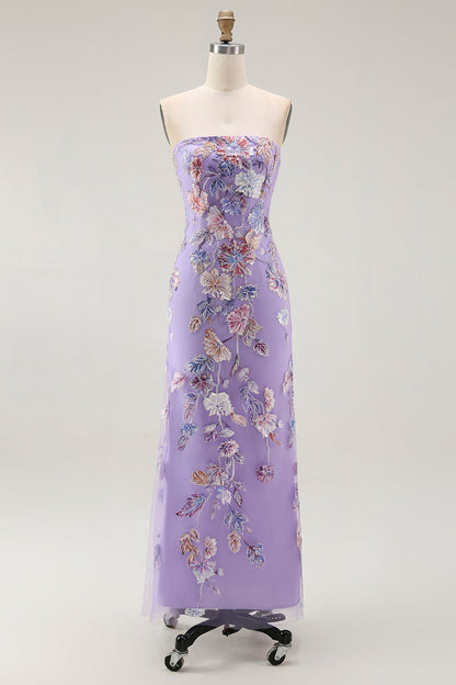 Strapless Purple Floral Sheath Prom Dress with Beading