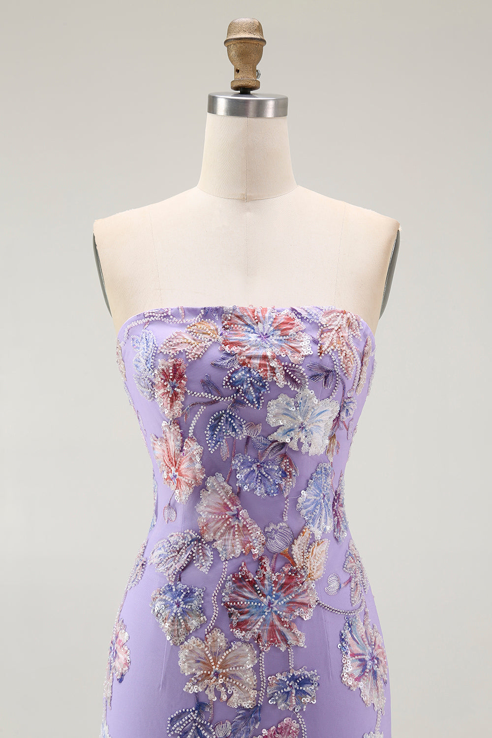 Strapless Purple Floral Sheath Prom Dress with Beading