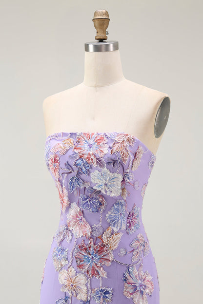 Strapless Purple Floral Sheath Prom Dress with Beading