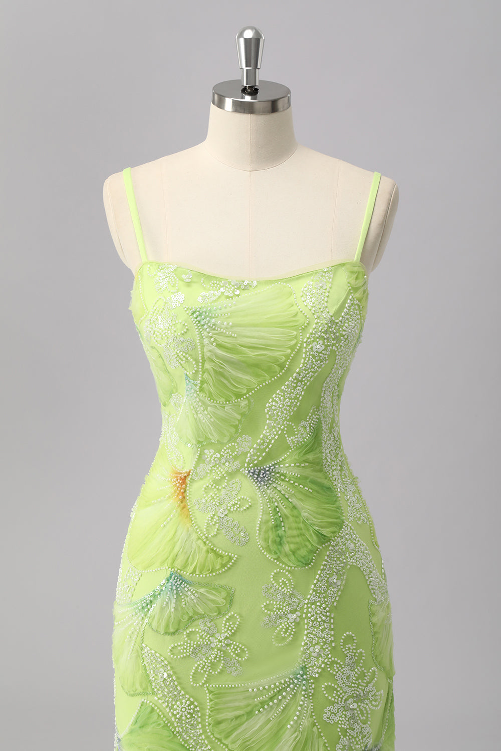 Green Sheath Sequins Spaghetti Straps Beaded Prom Dress with Slit