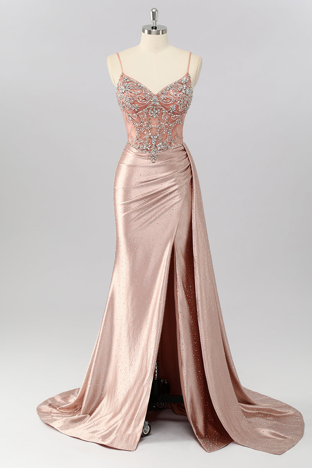 Blush Mermaid Spaghetti Straps Beaded Prom Dress with Side Streamer