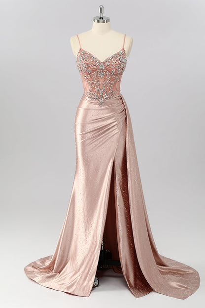 Blush Mermaid Spaghetti Straps Beaded Prom Dress with Side Streamer