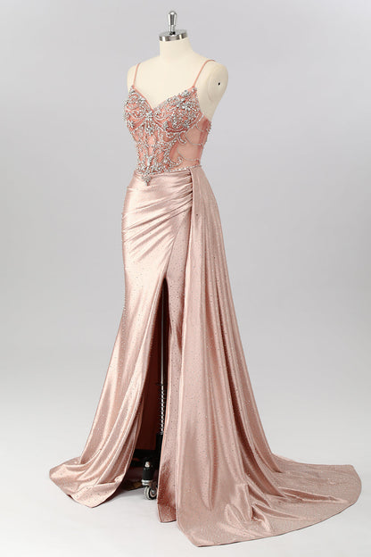 Blush Mermaid Spaghetti Straps Beaded Prom Dress with Side Streamer