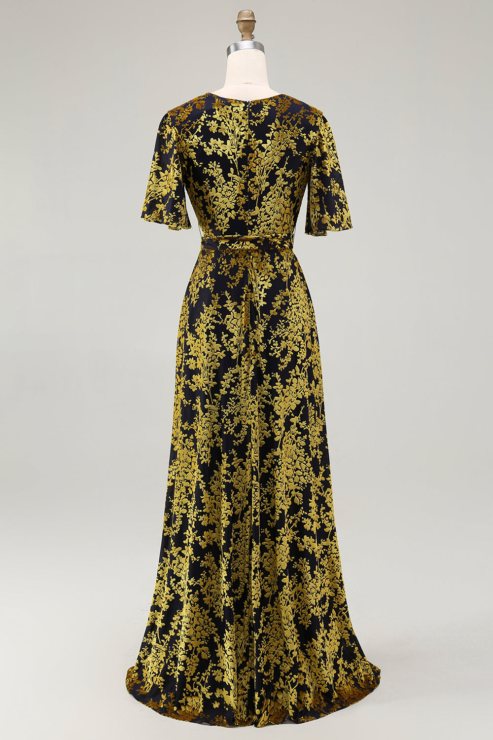 Pine A Line V Neck Burnout Velvet Long Prom Dress with Short Sleeves