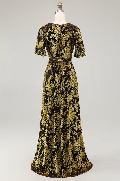 Pine A Line V Neck Burnout Velvet Long Prom Dress with Short Sleeves