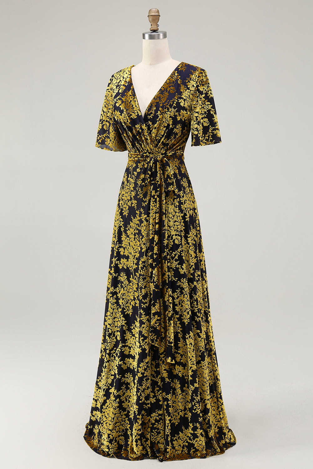 Pine A Line V Neck Burnout Velvet Long Prom Dress with Short Sleeves