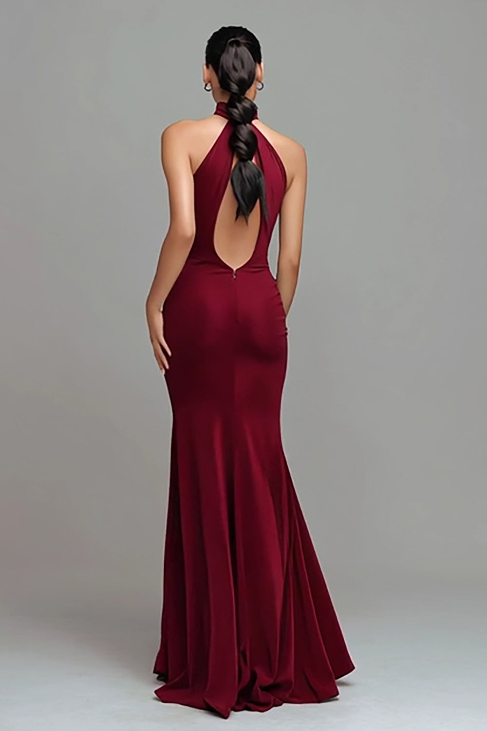 Burgundy Halter Mermaid Keyhole Long Formal Dress