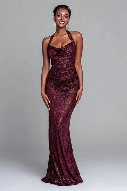 Sparkly Burgundy Halter Ruched Mermaid Long Formal Dress