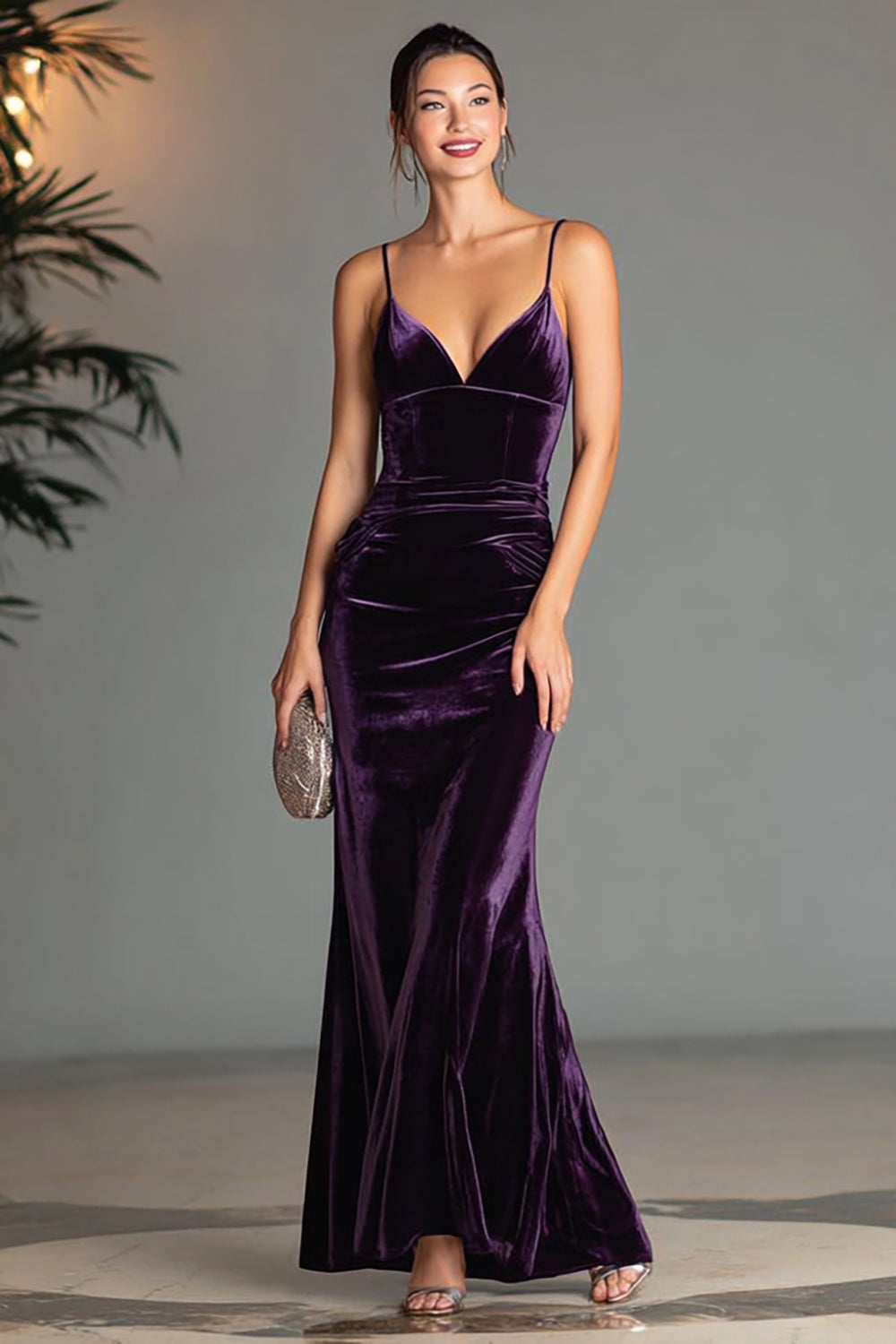 Purple Velvet Sheath Spaghetti Straps Long Formal Dress