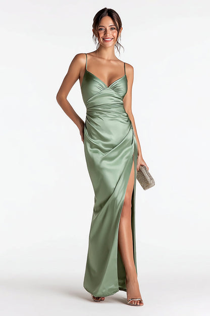 Sage Green Satin Sheath Spaghetti Straps Long Formal Dress with Slit