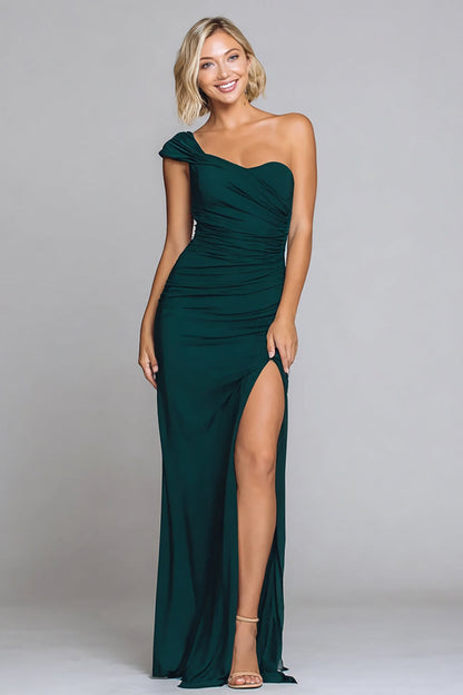 Dark Green One Shoulder Ruched Long Formal Dress with Slit