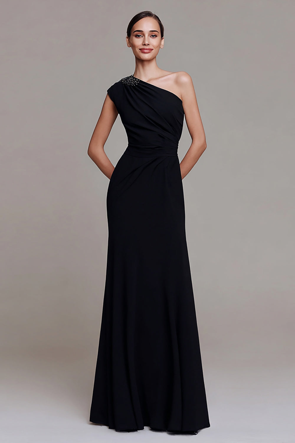 One Shoulder Black Mermaid Long Formal Dress with Beading