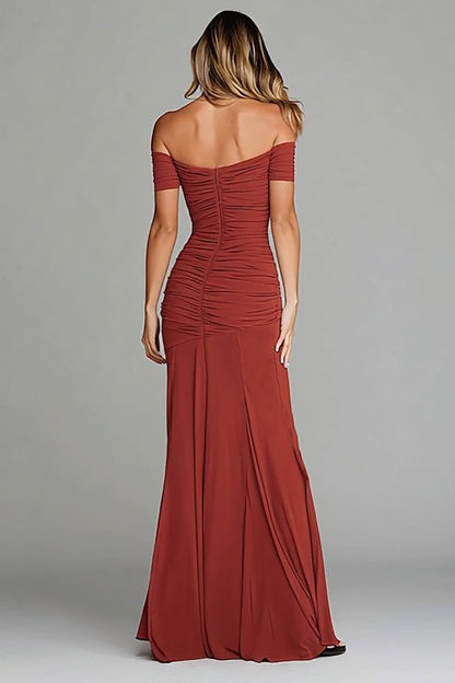 Terracotta Sheath Off the Shoudler Ruched Long Formal Dress