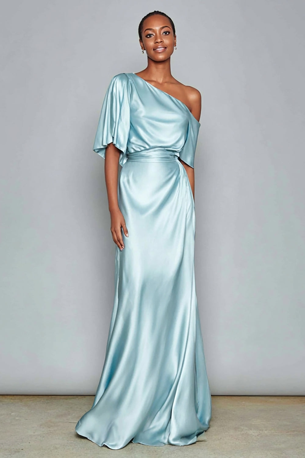 Light Blue Satin One Shoulder Sheath Long Formal Dress with Sleeves