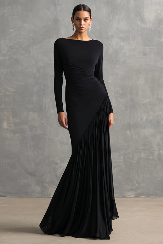 Black Crepe Chiffon Mermaid Formal Dress with Ruffles