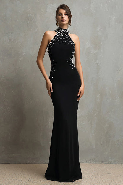 Halter Mermaid Black Long Formal Dress with Beading