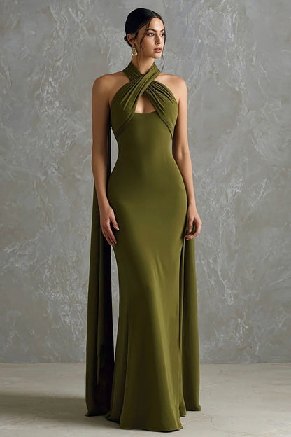 Olive Halter Sheath Chiffon Long Formal Dress