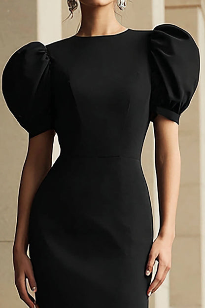 Black Sheath Puff Sleeve Midi Formal Dress
