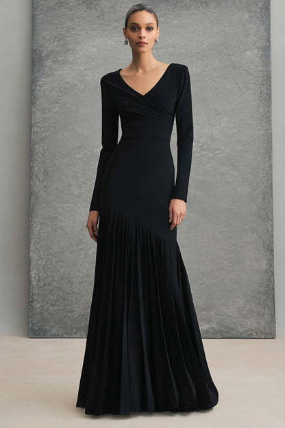 V Neck Black Crepe Chiffon Long Formal Dress with Ruffles