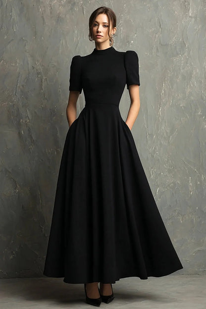 Black High Neck A-Line Long Formal Dress With Pockets