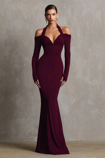 Burgundy Halter Mermaid Spandex Long Formal Dress