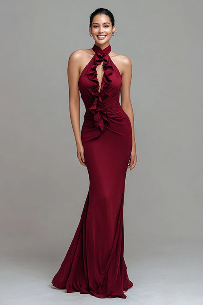 Halter Mermaid Keyhole Long Burgundy Formal Dress with Ruffles