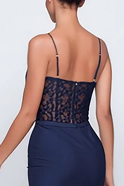 Navy Corset Sweetheart Sheath Maxi Formal Dress with Lace