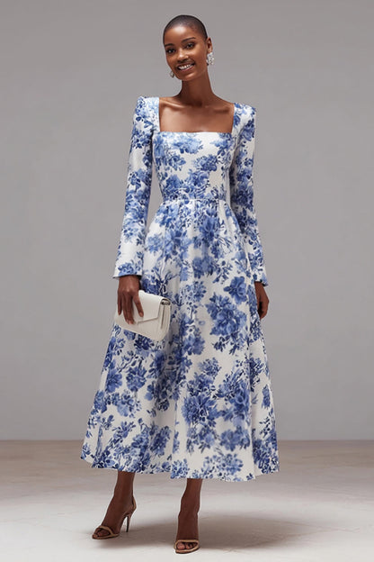 White and Blue Flower Square Neck A Line Maxi Formal Dress