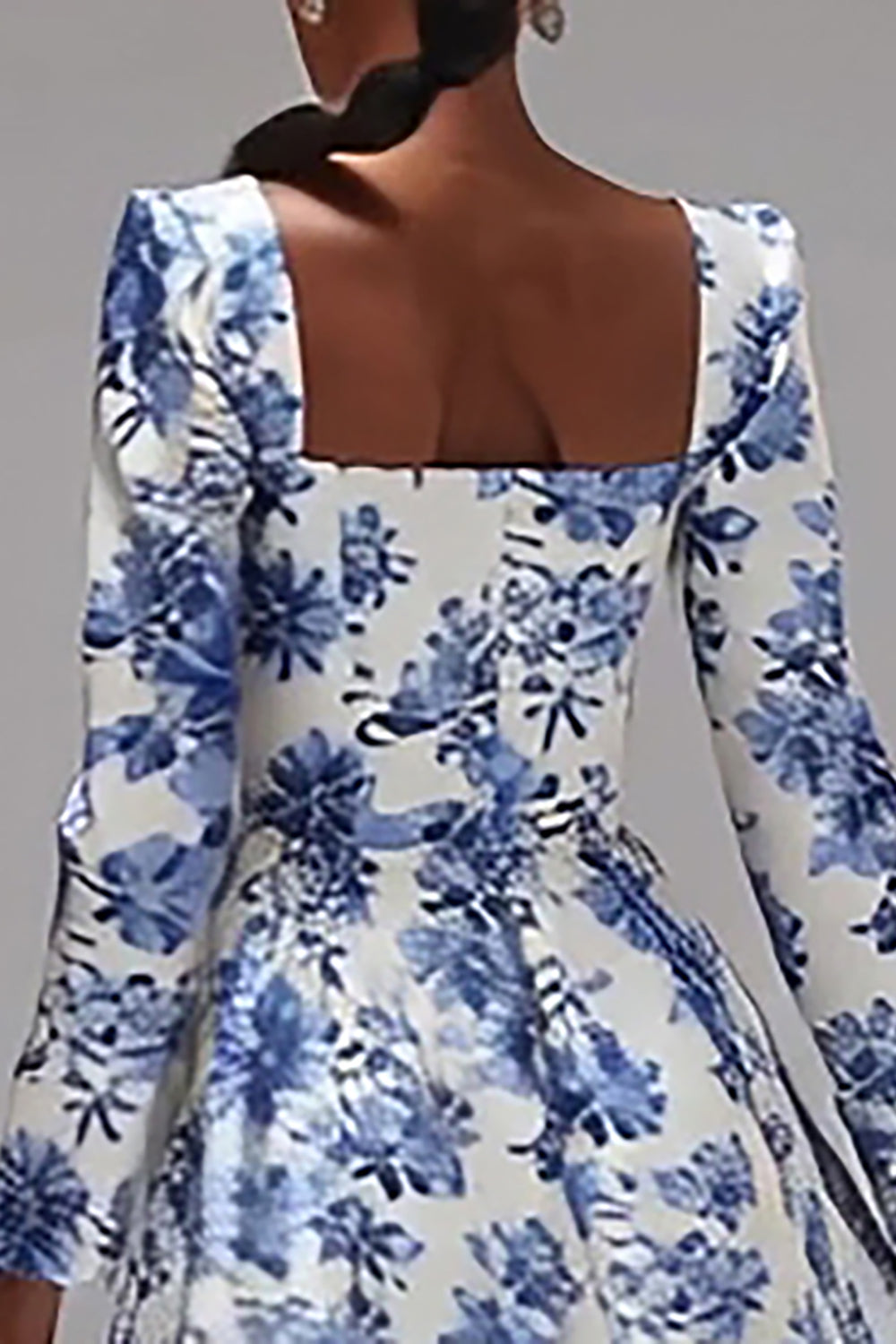 White and Blue Flower Square Neck A Line Maxi Formal Dress