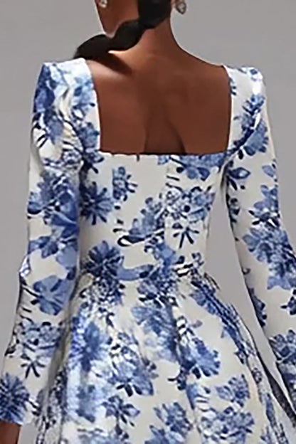 White and Blue Flower Square Neck A Line Maxi Formal Dress