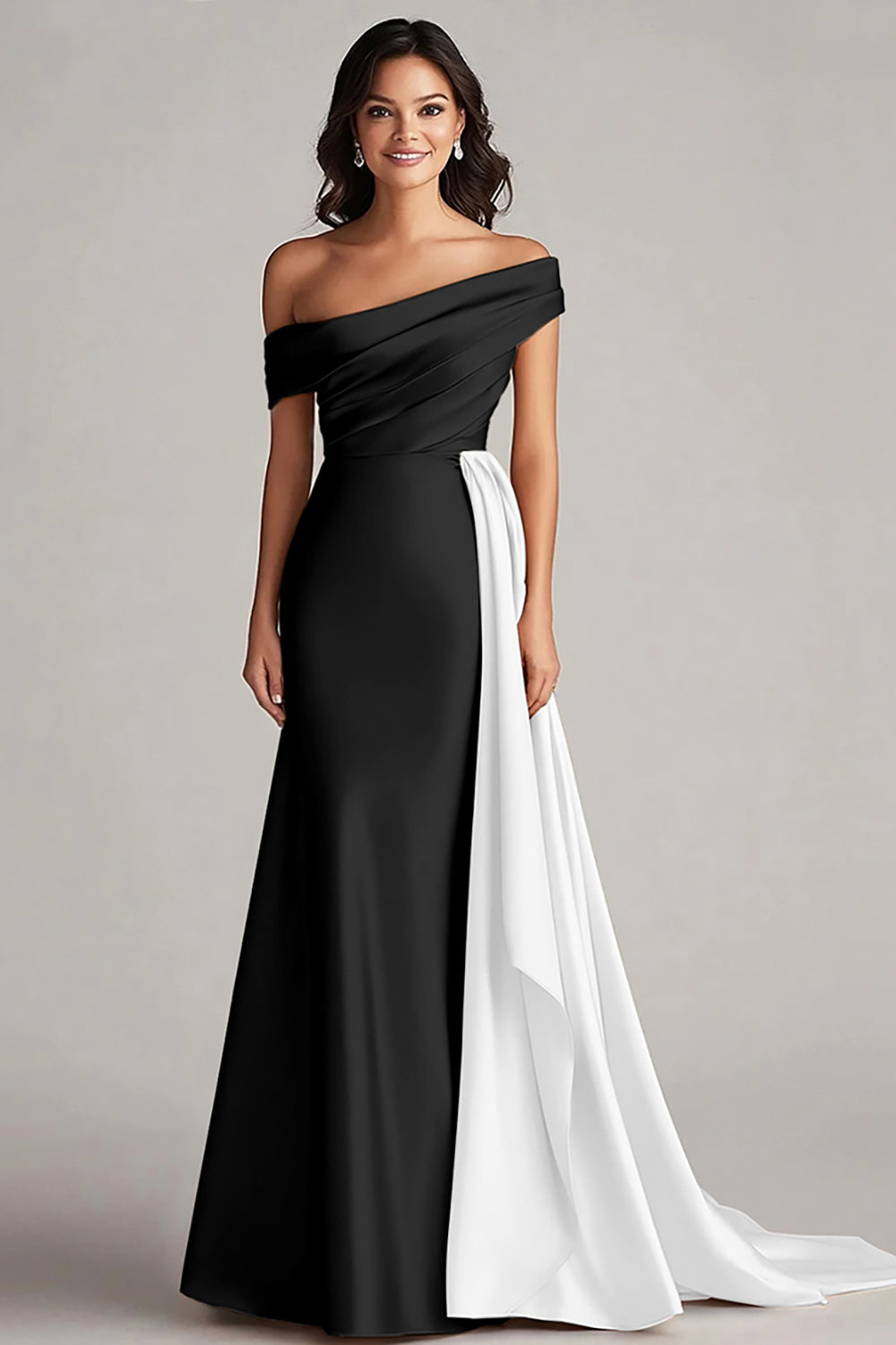 Off The Shoulder Black and White A-Line Formal Dress