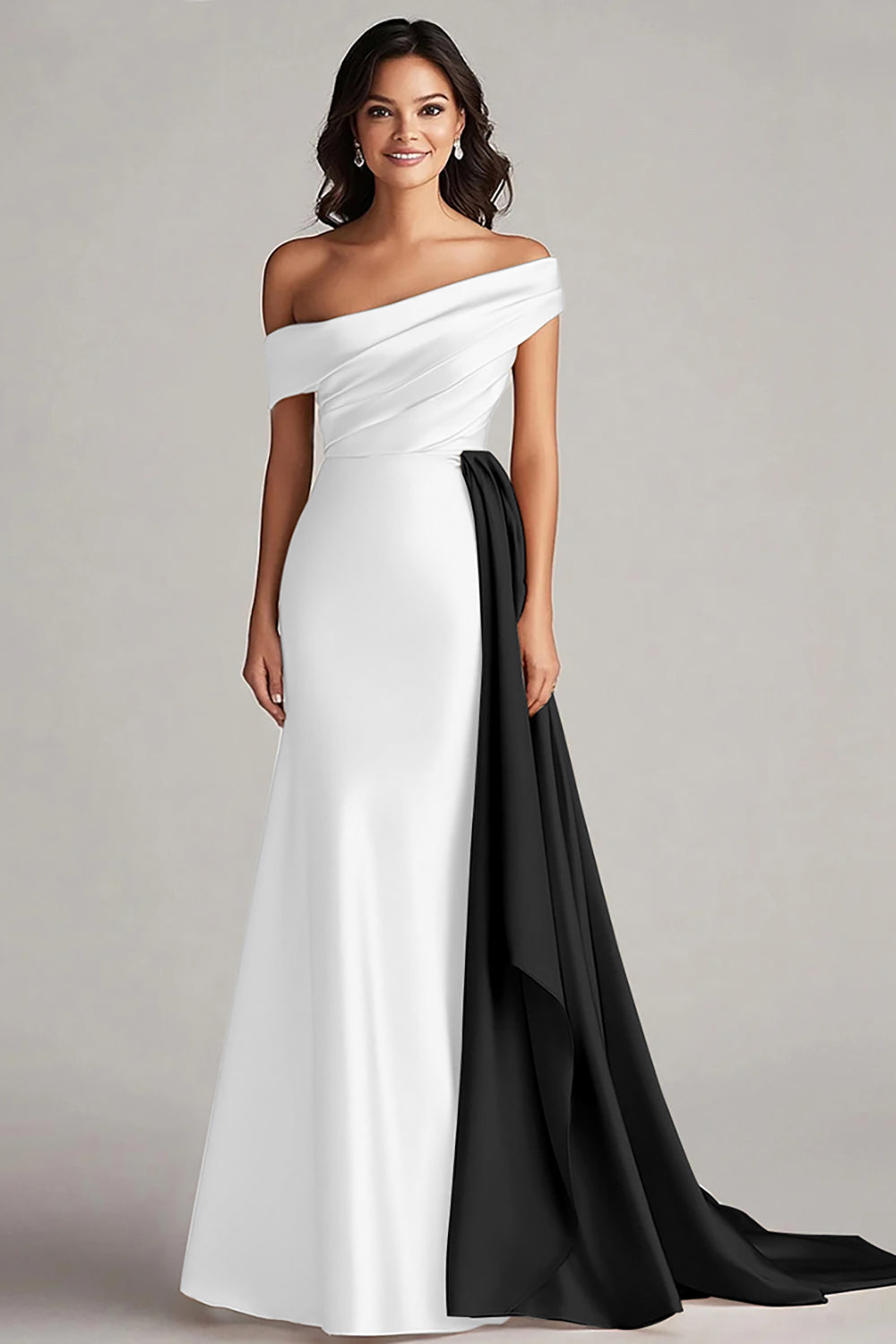 Off The Shoulder Black and White A-Line Formal Dress