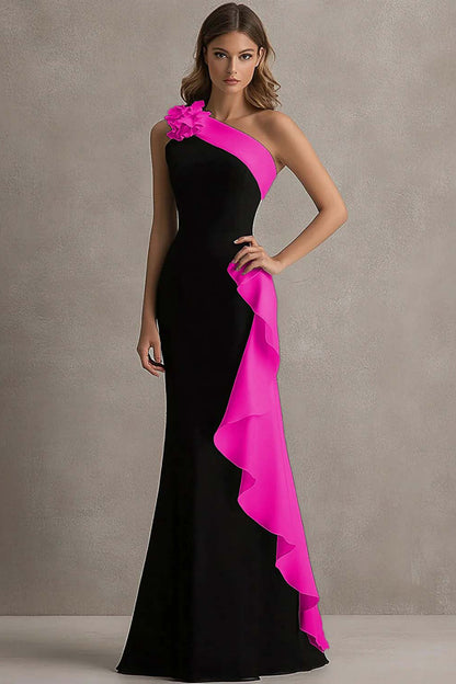 Mermaid One Shoulder Black and Blue Formal Dress With Ruffles