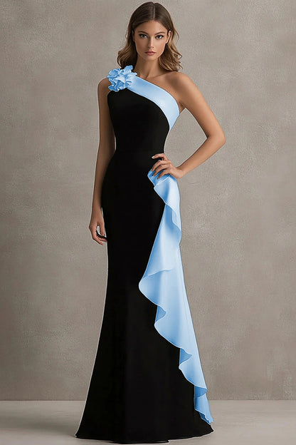 Mermaid One Shoulder Black and Blue Formal Dress With Ruffles