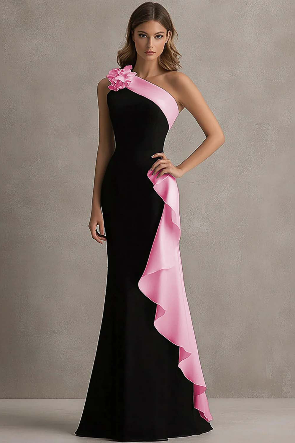 Mermaid One Shoulder Black and Blue Formal Dress With Ruffles