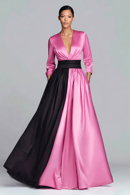 Black and Fuchsia V-Neck A Line Long Sleeve Formal Dress