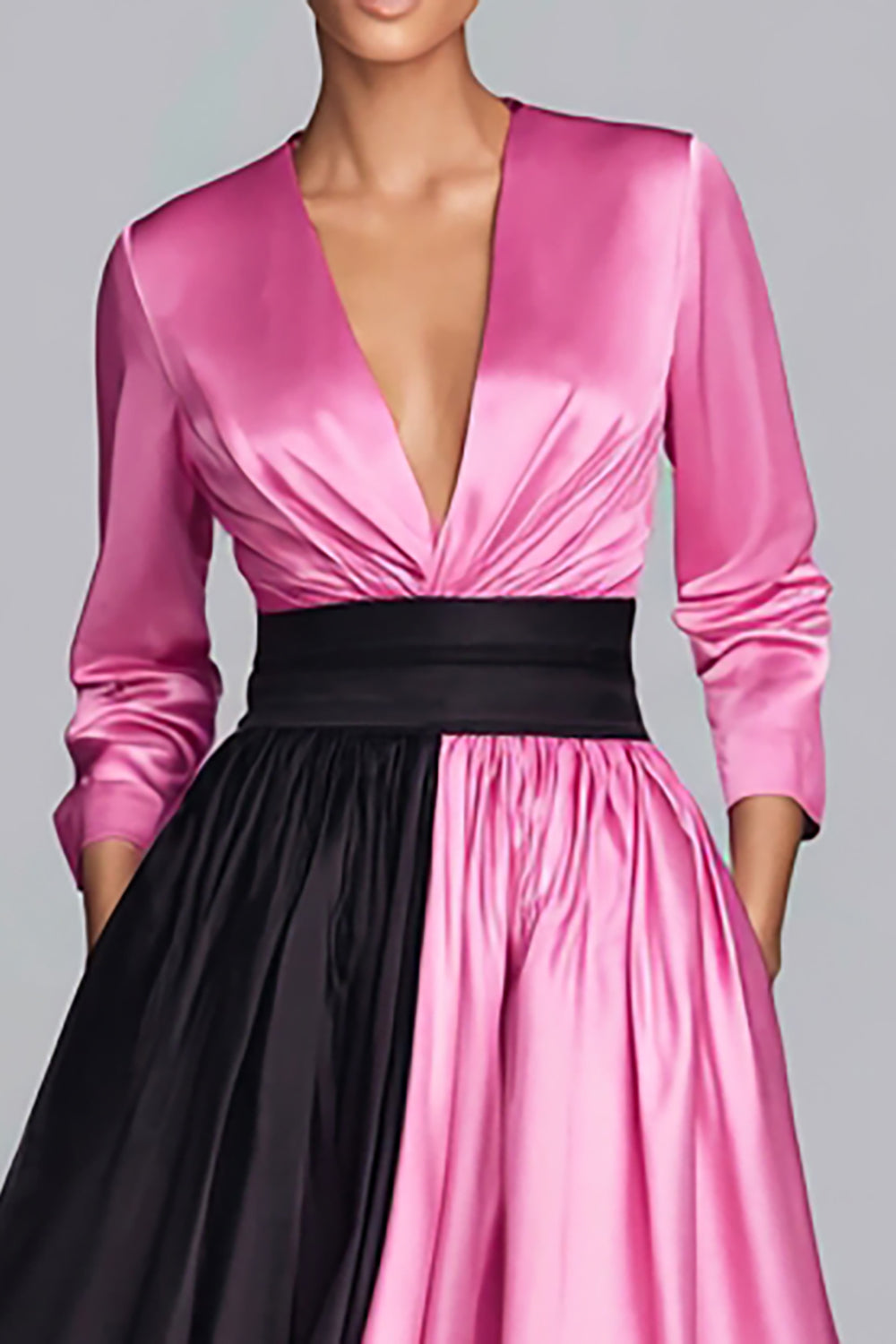 Black and Fuchsia V-Neck A Line Long Sleeve Formal Dress