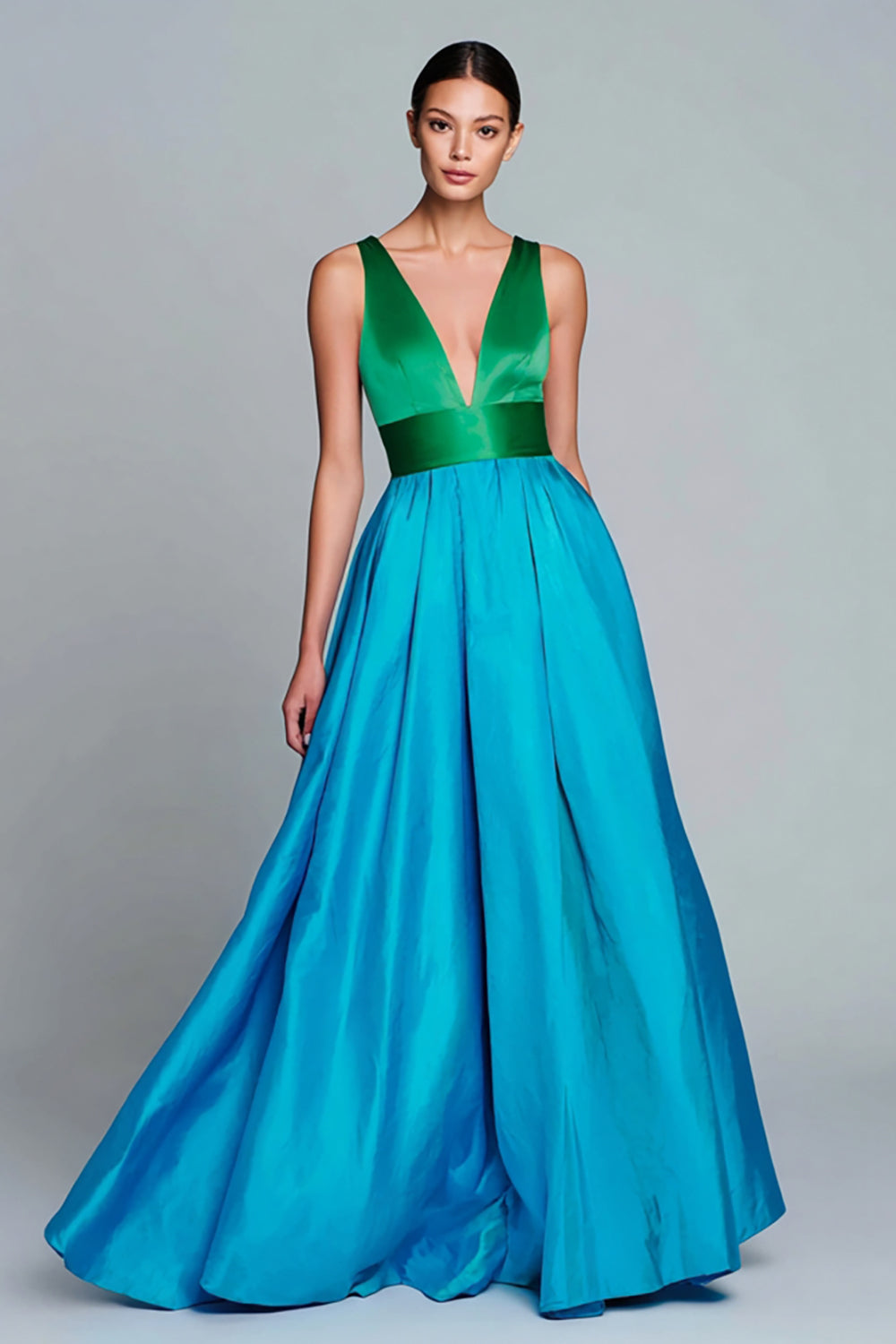 Green and Blue V-Neck A Line Formal Dress