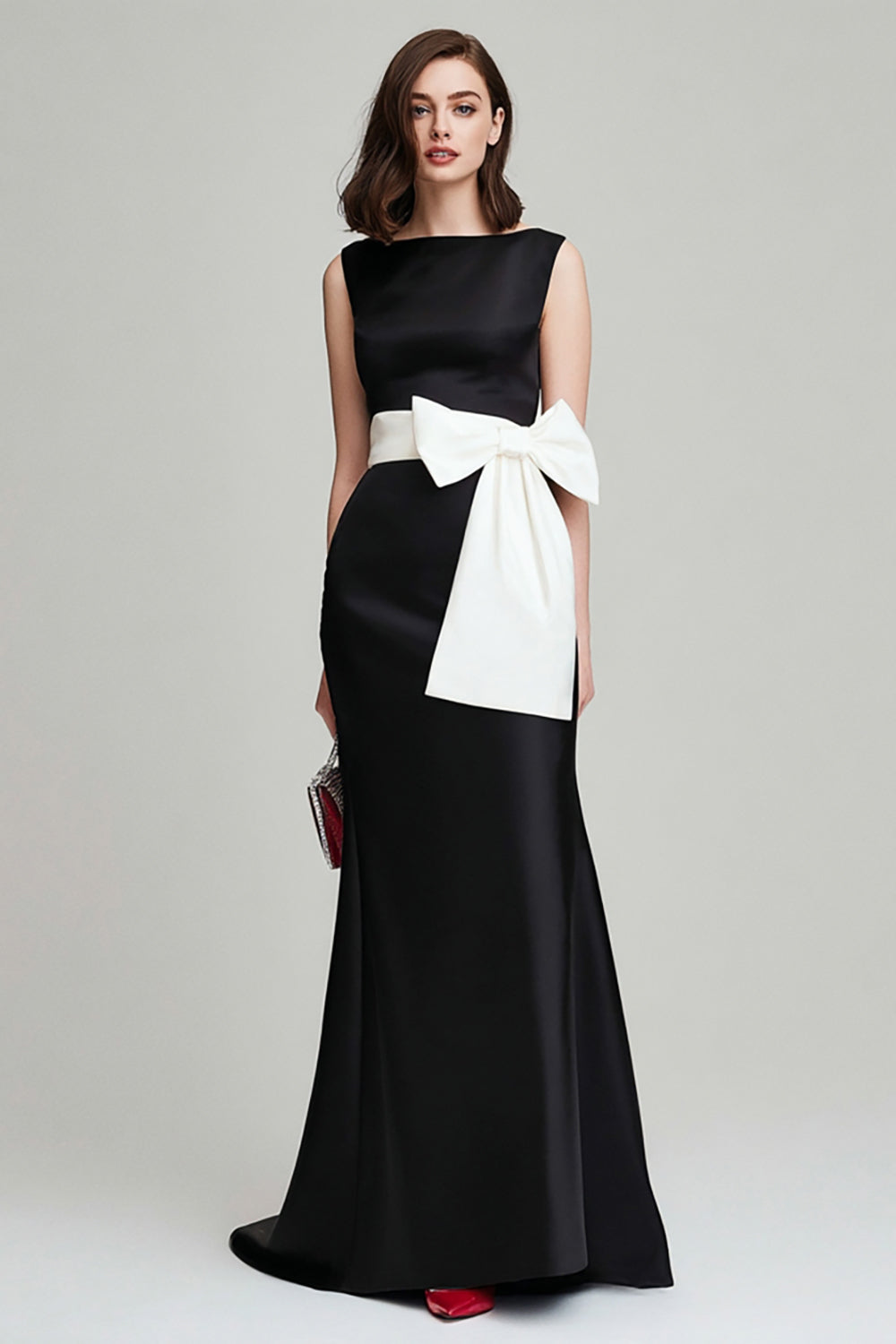 Black And White Bateau Neck Mermaid Satin Formal Dress