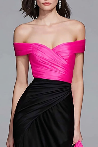 Black and Fuchsia Mermaid Off the Shoulder Long Formal Dress
