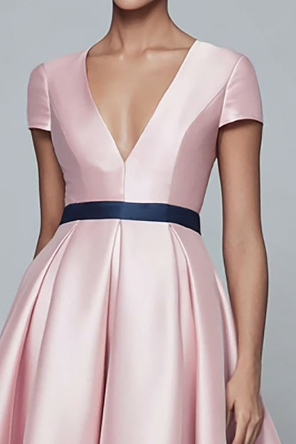 Pink and Navy Satin V-Neck A Line Long Formal Dress with Sleeves