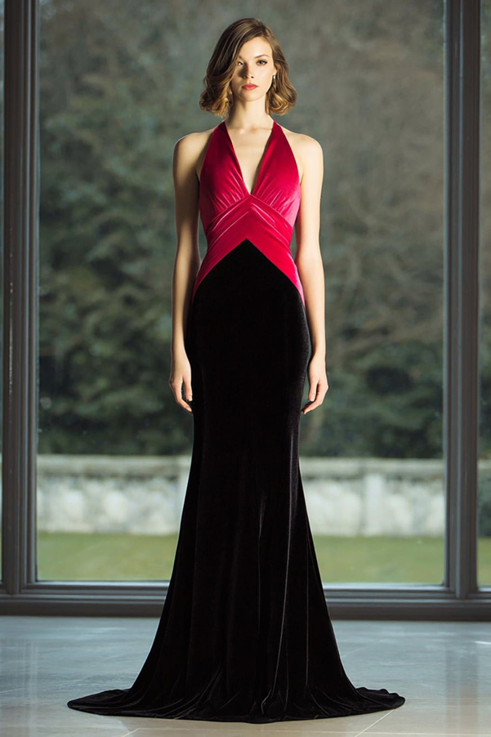 Black and Fuchsia Mermaid Velvet Halter Long Formal Dress