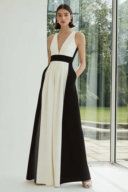 Black and White A Line V-Neck Long Formal Dress with Pockets