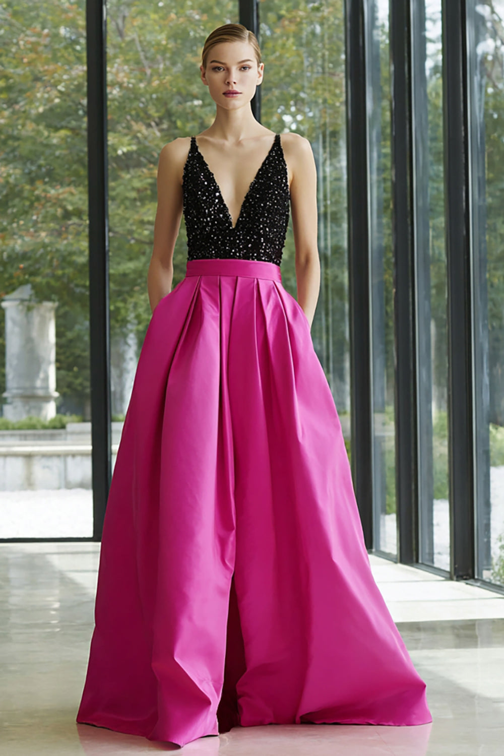 Sparkly Black and Fuchsia Satin Deep V-Neck A-Line Long Formal Dress with Pockets