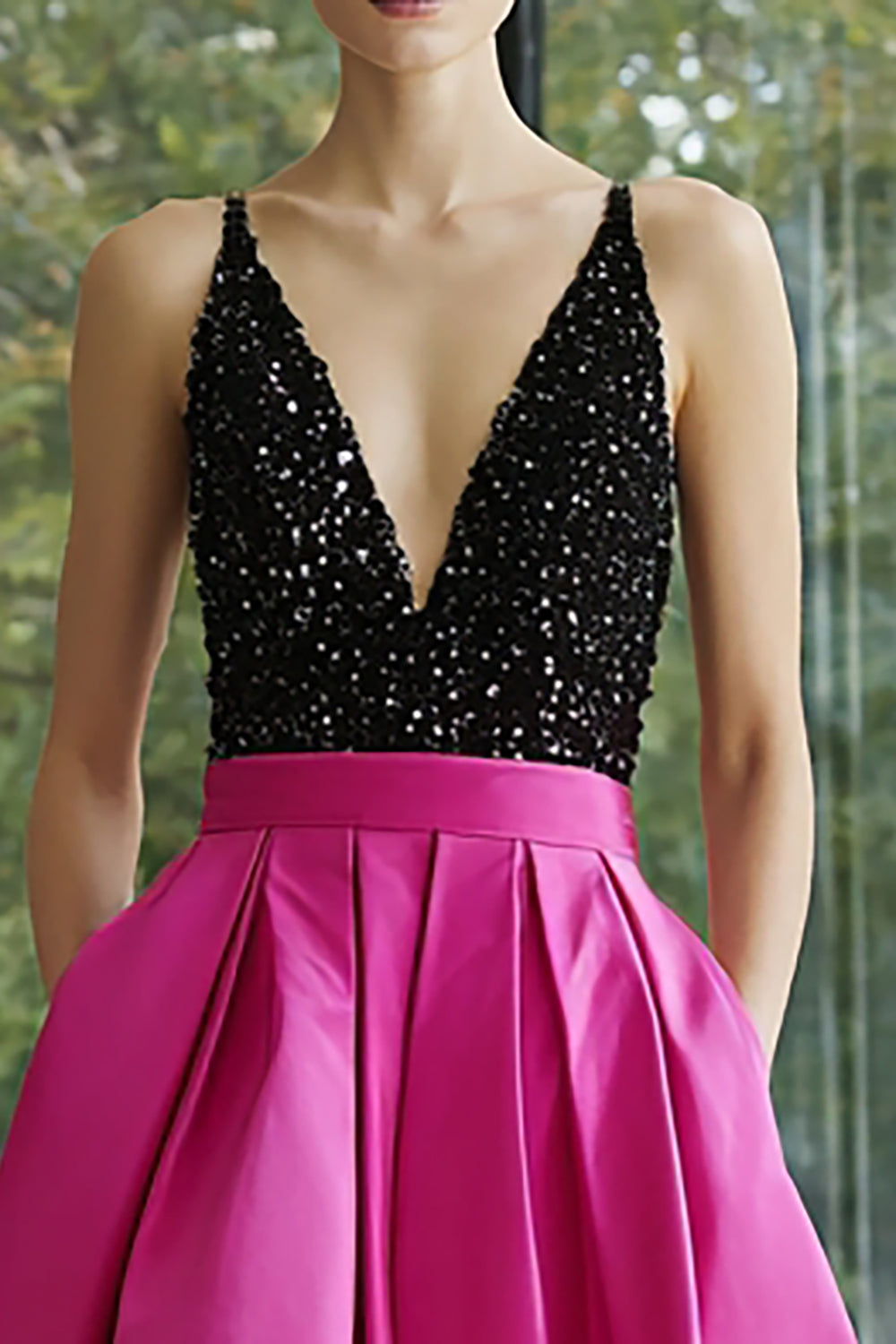 Sparkly Black and Fuchsia Satin Deep V-Neck A-Line Long Formal Dress with Pockets
